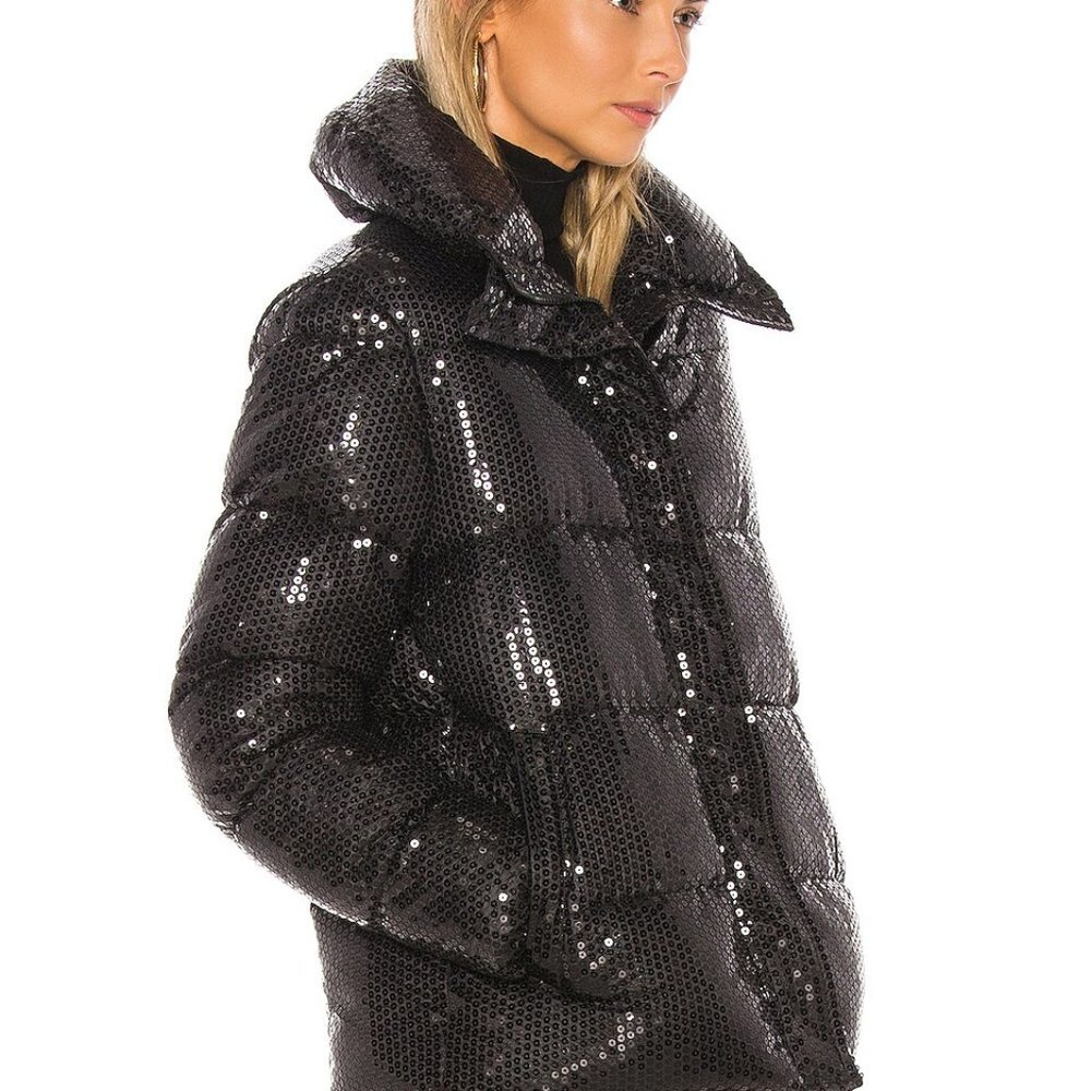 NWT Unreal Fur Black Sequin Puffer Jacket Front Zip High Collar Sz XS - Picture 9 of 16